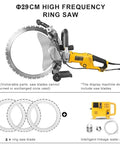 Rugged Workhorse Electric Circular Saw For Concrete Grooving And Stone Cutting, Water Cooled Brushless Motor, Dust Free Smooth Slicing Action With Three Heavy Duty Blades displayed with a high frequency ring saw.