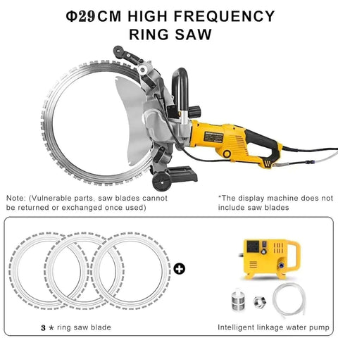Rugged Workhorse Electric Circular Saw For Concrete Grooving And Stone Cutting, Water Cooled Brushless Motor, Dust Free Smooth Slicing Action With Three Heavy Duty Blades displayed with a high frequency ring saw.