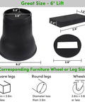 Image showing Heavy Duty 6 Inch Bed Risers Set, 9 Pack With Caster Pads, Holds Up To 6600 Lbs, Round Furniture Risers For Beds Sofas Desks And Chairs, Black No Slip Grip For Tight Spaces showcasing dimensions and compatibility with square, round legs and wheels.