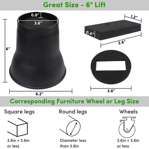 Image showing Heavy Duty 6 Inch Bed Risers Set, 9 Pack With Caster Pads, Holds Up To 6600 Lbs, Round Furniture Risers For Beds Sofas Desks And Chairs, Black No Slip Grip For Tight Spaces showcasing dimensions and compatibility with square, round legs and wheels.