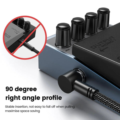 Close-up of right-angle TS connector from Three Pack Six Inch Guitar Patch Cables With Right Angle Quarter Inch TS Connectors For Pedalboard Rig Setup