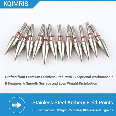 Heavy Duty Stainless Steel Archery Field Points Set 75 100 And 125 Grain Five Sixteenths Inch Screw In Arrow Tips