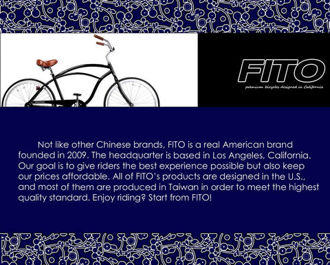 FITO bike brand information with black beach cruiser bike illustration and logo