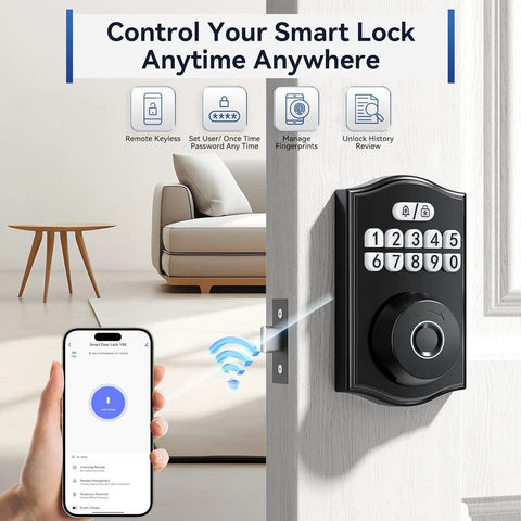 WiFi Smart Deadbolt Lock With Built In Fingerprint Scanner And App Control For Front Door Security Featuring Auto Lock Mode No Sweat Diy Install And Matte Black Finish For Rock Solid Keyless Entry Peace Of Mind