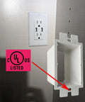 Image of UL Listed 1-Gang Non-Metallic Outlet Box Extender Kit for power switch receptacles, shown with wall installation and UL logo.
