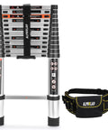 Telescoping Ladder 12.5 Foot Aluminum Extension Ladder Lightweight Collapsible For RV Loft Attic And Home Use 330 Pound Capacity White With Safety Lock System Non Slip Steps And Compact Storage Garage Ready next to tool belt.
