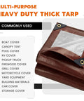 Heavy Duty Waterproof Tarp 12x20 Feet Ultra Thick 16 Mil HDPE Brown folded with reinforced corners, multi-purpose uses listed.