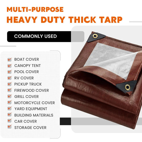 Heavy Duty Waterproof Tarp 12x20 Feet Ultra Thick 16 Mil HDPE Brown folded with reinforced corners, multi-purpose uses listed.