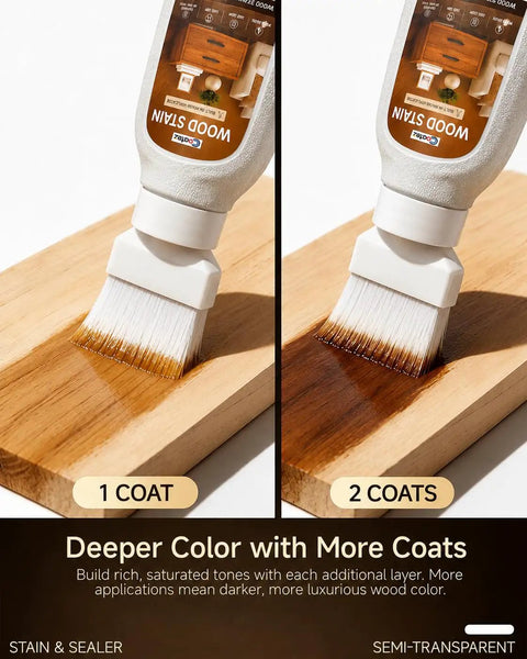 Image showing Real Talk Teak Wood Stain And Sealer In One With Built In Brush applied in 1 coat and 2 coats on timber.