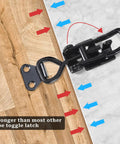 Beefy 300 Lb Heavy Duty Toggle Clamp Set With Quick Release Pull Latch in black iron mounted on wood surface
