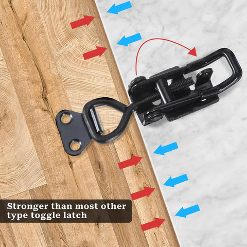 Beefy 300 Lb Heavy Duty Toggle Clamp Set With Quick Release Pull Latch in black iron mounted on wood surface