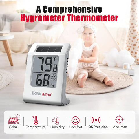 Solar Powered 2.2 Inch Digital Thermometer And Humidity Monitor No-Fuss Indoor Temperature And Humidity Gauge For Baby Rooms, Bedrooms, Home Office, And Wine Cellars White 2 Pack on nursery display