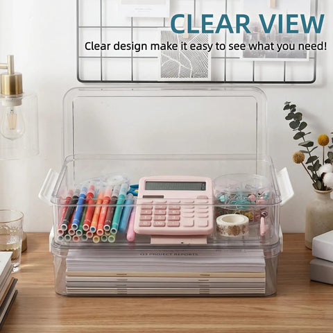 Two Pack Plastic File Storage Boxes With Lids And Latches Clear Flat A4 Document Organizer on desk with stationery