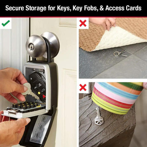 Black Outdoor Key Lock Box With Push Button Combination, securely stores keys, showing secure solution versus hiding or taping