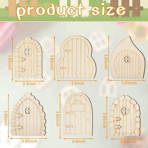 DIY Fairy House Kit 48 Pcs Unfinished Wood Doors And Windows product size with six styles of unfinished wood fairy doors