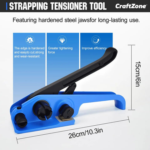 Ready Roll Heavy Duty Poly Strapping Kit With Tensioner And Sealer 5/8 Inch 1000 Foot Coil showcasing a blue strapping tensioner tool.
