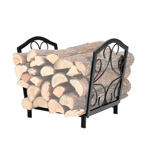 Compact 17 Inch Firewood Rack For Indoor And Outdoor Use Built To Last Wrought Iron Frame filled with logs