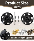 32 Sets 1 Inch Brass Sew On Snap Buttons Heavy Duty Metal Snap Fasteners For Fabric Coats Jackets Bags Purses Diy Leather Crafts Mixed Color Gold Silver Black Bronze Eight Sets Each, shown with size details and black button close-up.