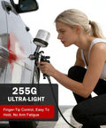 Mini Hvlp Spray Gun With Dual Nozzles And Disposable Paint Cups Top Shelf Automotive Touch Up Sprayer in use on car panel.