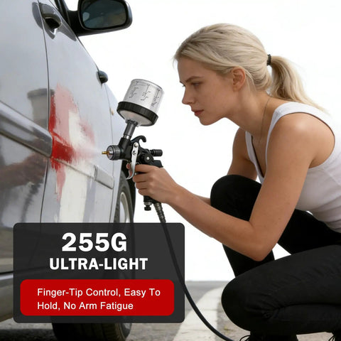 Mini Hvlp Spray Gun With Dual Nozzles And Disposable Paint Cups Top Shelf Automotive Touch Up Sprayer in use on car panel.