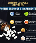 Lithium Orotate 20 Mg Complex Capsules With Magnesium Glycinate And Ashwagandha For Sharp Focus Memory And Mood Boost Brain Health Supplement Non GMO Vegan 120 Capsules, showing ingredients and open bottle with capsules spilling out.