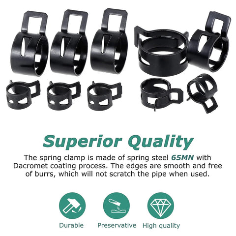 Set of black spring hose clamps in multiple sizes (5–18 mm) for automotive and plumbing use