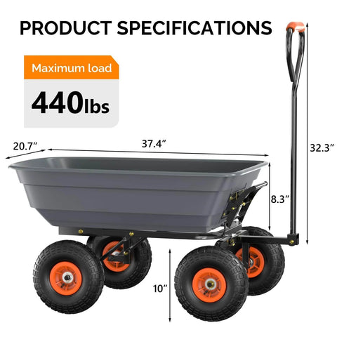 Heavy Duty Dump Cart Wagon With Quick Release Dump, all terrain 10 inch tires, 440lb capacity, side view, dimensions labeled