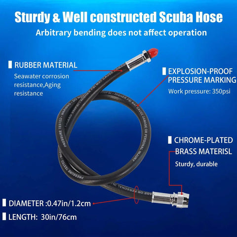 Premium Rubber Low Pressure Scuba Inflator Hose For Standard BCD, 350 PSI Rating, 30 Inch Black LP Hose with labels