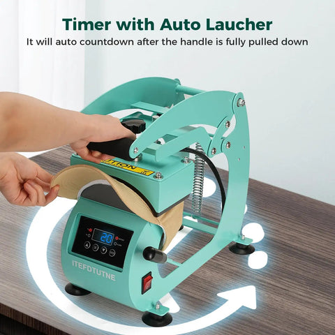 Hat Heat Press Machine For Caps With Two Interchangeable Platens 6.7x3.8 Inches And 6.7x2.5 Inches, Rigid Steel Frame No Stick Teflon Coated, Digital LCD Timer Temperature Control, Portable Desktop Design For Home And Small Business, with cap being pressed