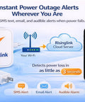 WiFi Power Outage Alarm Detector With SMS Text And Email Alerts Audible Alarm No Hub Or Monthly Fees Power Failure And Restoration Alerts For Home Or Small Office Engineered In The USA showcased with alert notifications on smartphone screen.