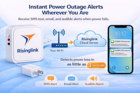 WiFi Power Outage Alarm Detector With SMS Text And Email Alerts Audible Alarm No Hub Or Monthly Fees Power Failure And Restoration Alerts For Home Or Small Office Engineered In The USA showcased with alert notifications on smartphone screen.