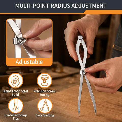 Adjustable Dead Center Precision 12 Inch Radius Divider Tool And Layout Compass showing high-carbon steel build and thumb screw.