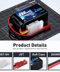 Go-To 3S LiPo Battery 850mAh 11.1V 50C With JST Plug for FPV Quadcopter, Helicopter, RC Boat, RC Cars, 2 Pack with High Discharge