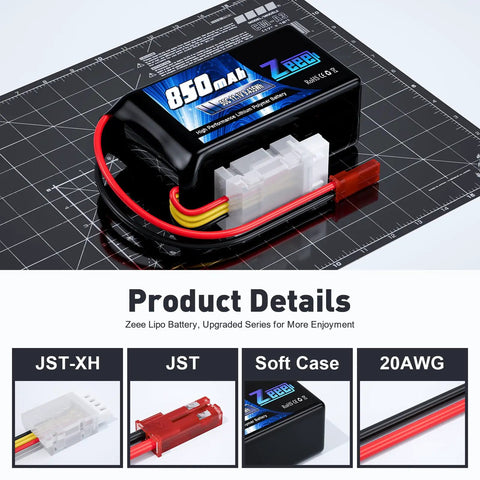 Go-To 3S LiPo Battery 850mAh 11.1V 50C With JST Plug for FPV Quadcopter, Helicopter, RC Boat, RC Cars, 2 Pack with High Discharge