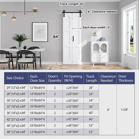 Diagram showing installed White Bifold Barn Door For Closet With Solid MDF Build And Waterproof PVC Surface, 30x84 Double Panel