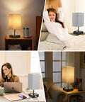 3 Way Dimmable Table Lamps With Touch Control and 2 USB Ports, 2 AC Outlets, grey fabric shade in bedroom and office settings.