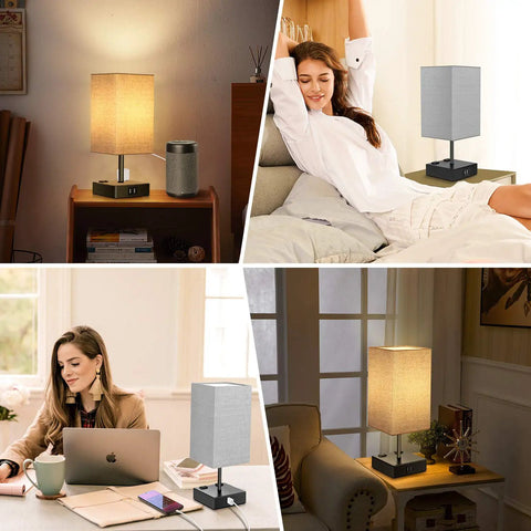 3 Way Dimmable Table Lamps With Touch Control and 2 USB Ports, 2 AC Outlets, grey fabric shade in bedroom and office settings.