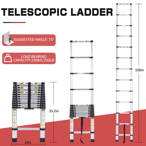 12.5 Foot Telescoping Aluminum Ladder With Non Slip Feet For Home And Outdoor DIY Use, Portable Extension Ladder That Handles Up To 330 Lb