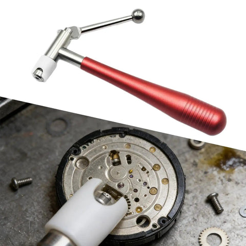 Pro Pinion Puller Watch Repair Tool Style B Red Handle Gearhead Approved shown in use on watch movement