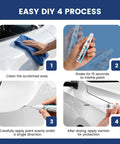 Four-step process using Two-Pack Car Touch Up Paint Pen With Clear Coat Pen Kit For White Cars showing scratch repair on a car.