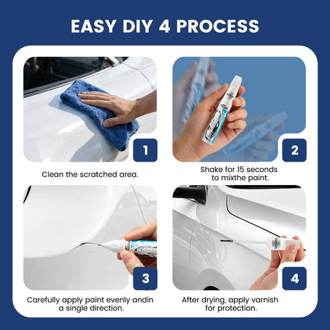 Four-step process using Two-Pack Car Touch Up Paint Pen With Clear Coat Pen Kit For White Cars showing scratch repair on a car.