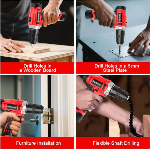 12V Cordless Drill And Driver Set With Two Batteries Ultra Lightweight Two Speed 24 And 1 Position Wood And Wall Drilling And Screw Driving Rechargeable Brushless Motor Ergonomic Anti Slip Grip DIY Tools used on wood, metal, and door hinge