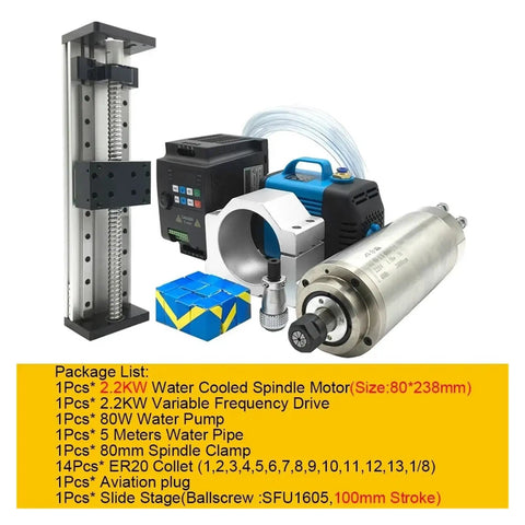 High Performance 2.2KW Water Cooled Spindle Motor With Z Axis Slide Stage Kit For CNC Routers multi voltage components with water pump and slide stage