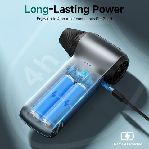 Ultra Power Electric Air Duster with 130000 RPM brushless motor showing long-lasting battery and USB-C charging for electronics cleaning.