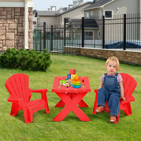 Child sitting by a Durable Plastic Kids Table And Chair Set For Outdoor Fun With Adirondack Style Chairs Ideal For Picnic Garden Patio Backyard And Beach Time Safe Non Toxic Materials For Toddlers