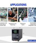 Programmable DC Power Supply 0 to 150V 5A 300W for Lab Bench shown with application examples in electronics testing