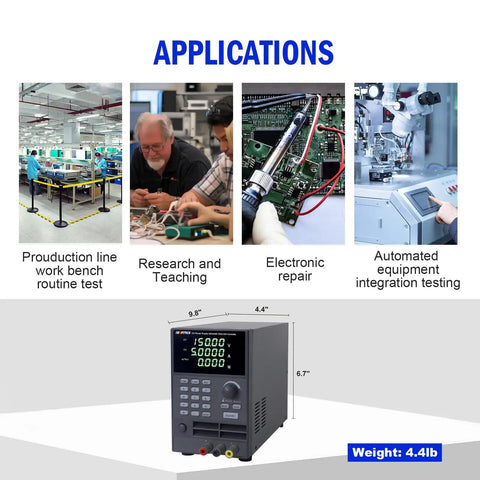 Programmable DC Power Supply 0 to 150V 5A 300W for Lab Bench shown with application examples in electronics testing