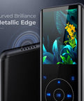 64GB Bluetooth 5.3 MP3 Player with Built In Speaker and 2.4 Inch Screen showcasing curved metallic edge and vivid display.