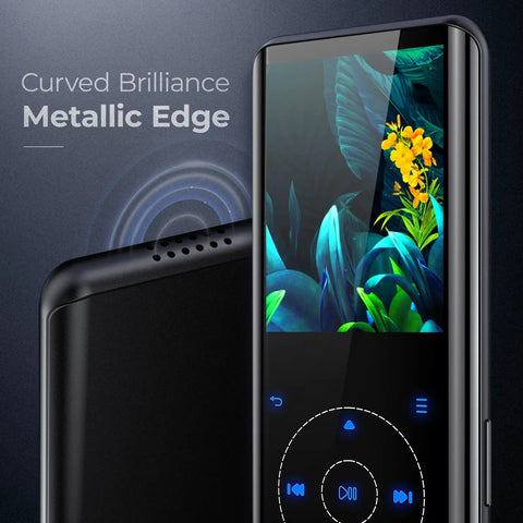 64GB Bluetooth 5.3 MP3 Player with Built In Speaker and 2.4 Inch Screen showcasing curved metallic edge and vivid display.