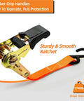 Trucker Grade Ratchet Tie Down Straps 8 Pack One Inch By 16 Feet Rock Solid Build With Beefy Rubber Handles securing a ratchet with rubber grips and bright orange strap.
